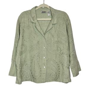 Vintage CHICO’S 100% Linen Embroidered Button Down Shirt Shacket. Size L